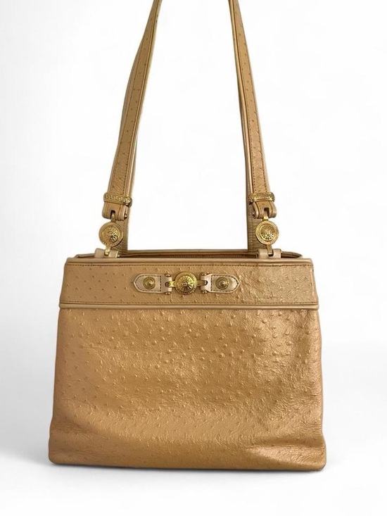 Versace Handbags - GIANNI VERSACE • Vintage 1990s Pearlescent Gold Leather Ostrich Shoulder Bag